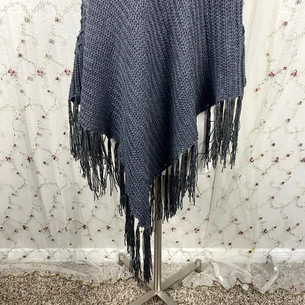 The Classic Gray Knit Tassel Fold Over Neckline Boho Hippie Earthy Poncho Shawl‎